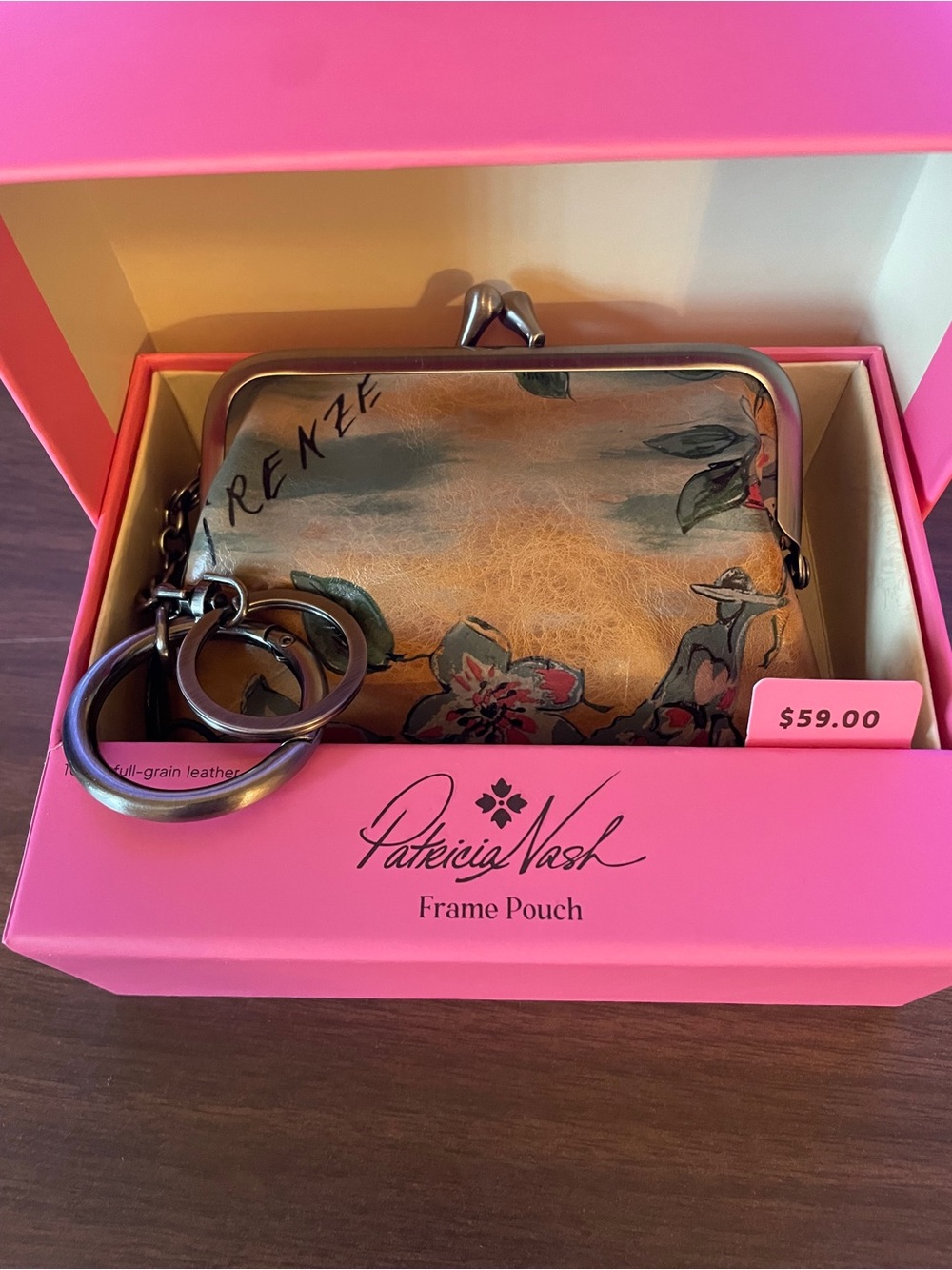 Patricia Nash Floral Leather Frame Pouch KISS Lock- Gold Green Pink NIB - Picture 2 of 8